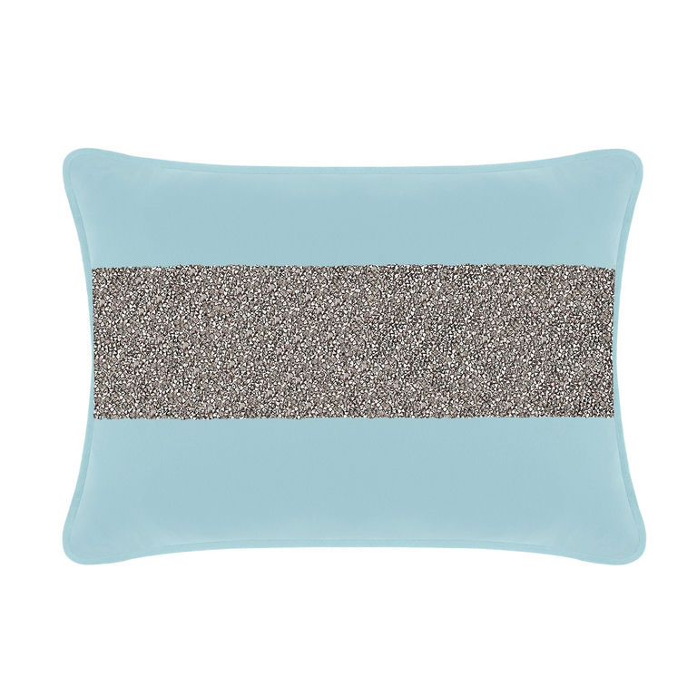 Aqua velvet pillow with a horizontal charcoal rhinestone stripe rectangular shape and soft texture.