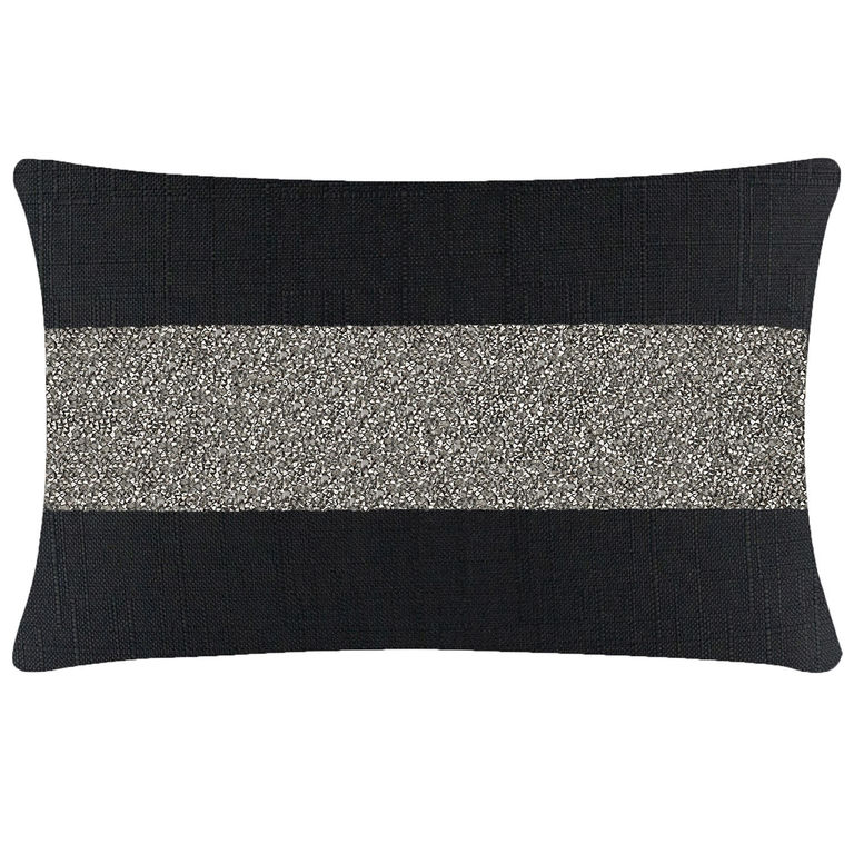 Rectangular pillow with black woven fabric featuring a central charcoal rhinestone stripe and textured black borders.