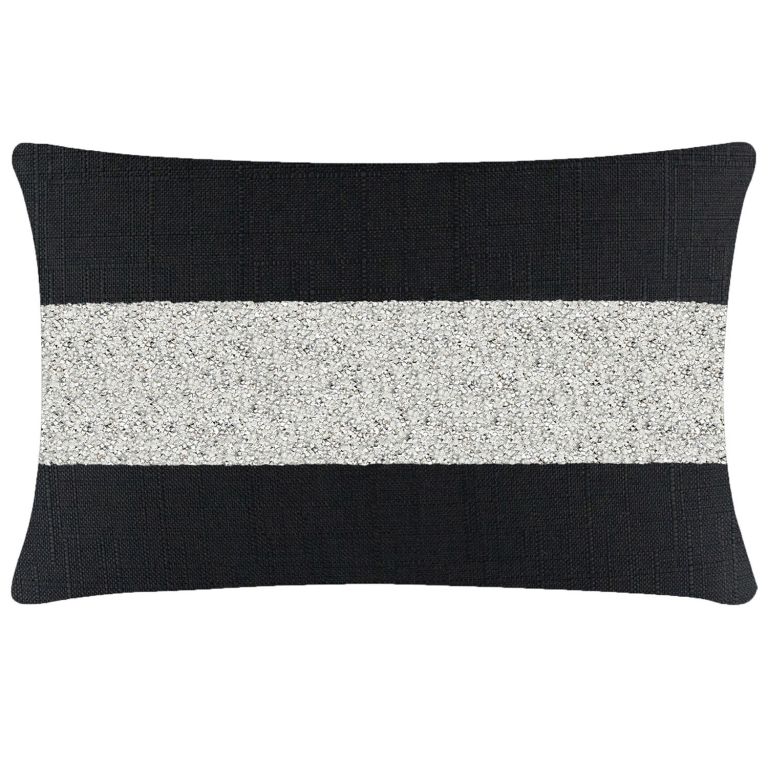 Black&#x20;woven&#x20;pillow&#x20;with&#x20;a&#x20;silver&#x20;rhinestone&#x20;stripe&#x20;rectangular&#x20;shape&#x20;textured&#x20;fabric&#x20;14x20&#x20;inches&#x20;in&#x20;size.
