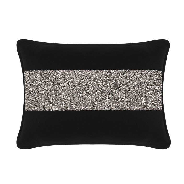 Black velvet pillow with a wide rhinestone stripe in the center rectangular shape smooth texture and piped edges.