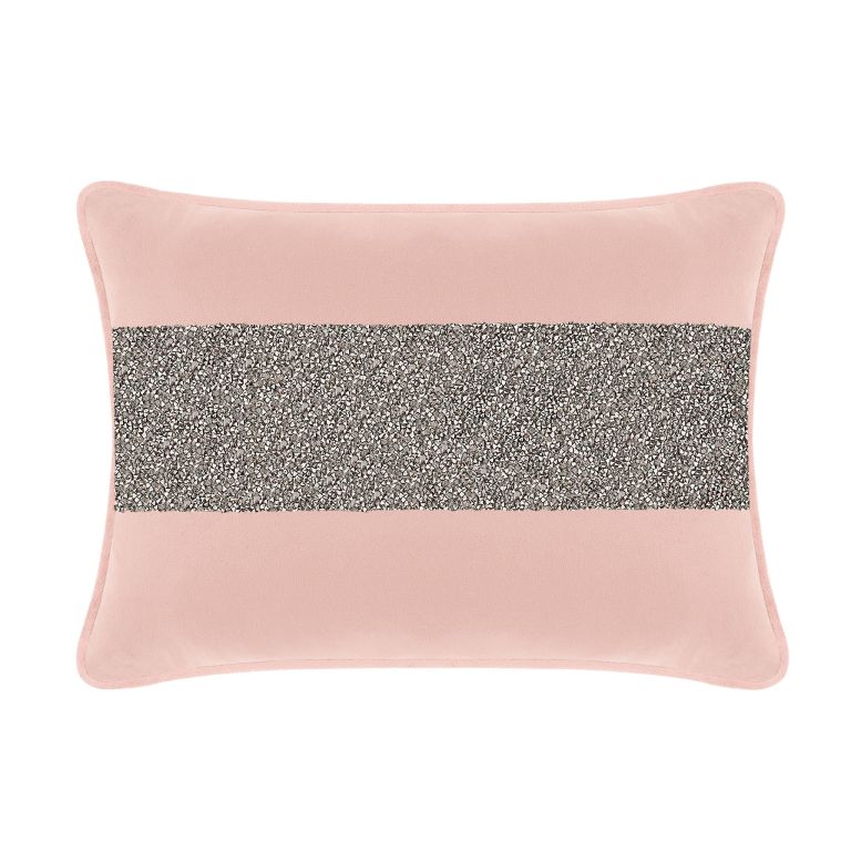 Blush velvet pillow with a central charcoal rhinestone stripe rectangular shape soft texture and piped edges.
