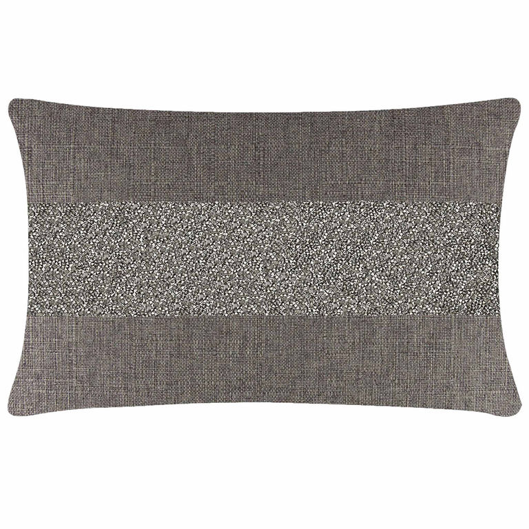 Rectangular pillow with a charcoal woven fabric and a radiant rhinestone stripe in the center.