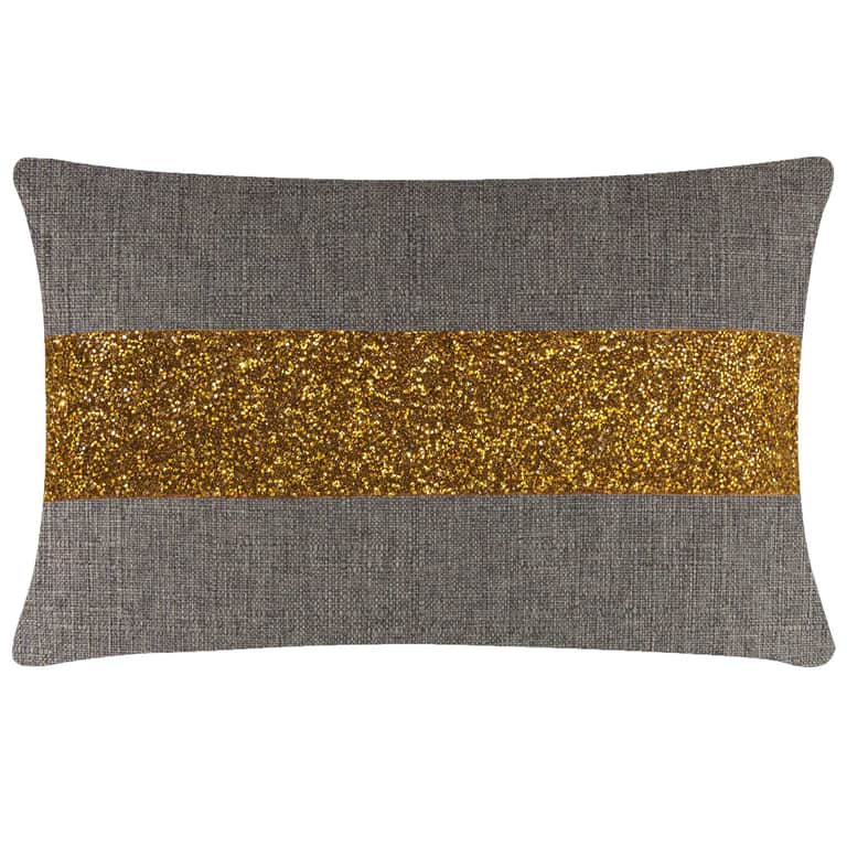 Rectangular pillow with a textured gray fabric featuring a glittery gold rhinestone stripe across the center.