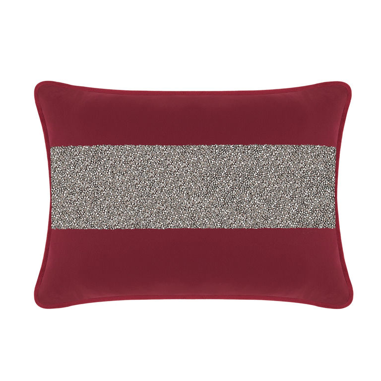 Burgundy velvet pillow with a wide rhinestone stripe rectangular shape soft texture and piped edges.