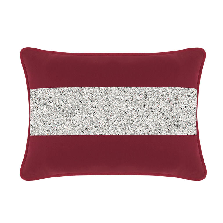 Burgundy velvet pillow with a silver rhinestone stripe rectangular shape soft texture and piped edges.