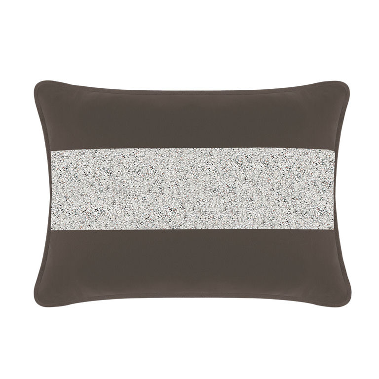 Charcoal velvet pillow with a silver rhinestone stripe rectangular shape smooth texture and contrasting edges.