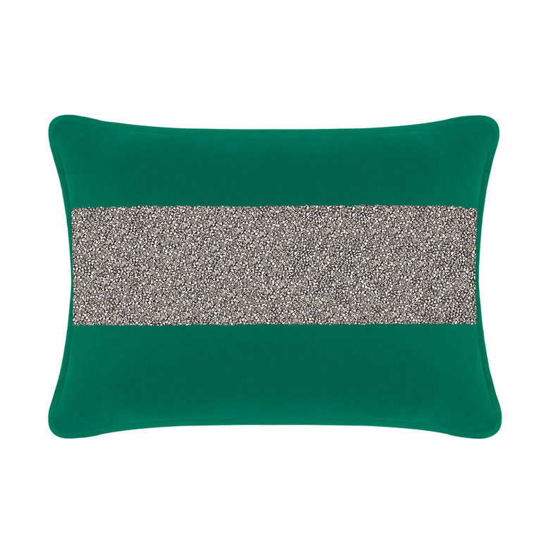 Emerald velvet pillow with a silver rhinestone stripe rectangular shape smooth texture and rounded edges.