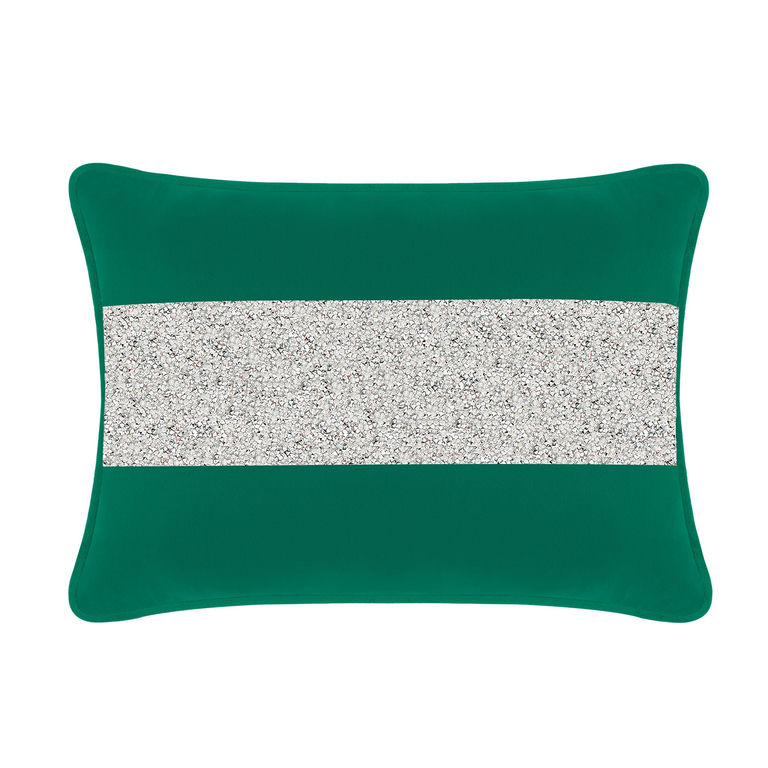 Emerald green velvet pillow with a silver rhinestone stripe rectangular shape smooth texture and rounded edges.