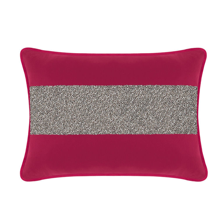 Fuchsia velvet pillow with a silver rhinestone stripe rectangular shape soft texture and contrasting trim around the edges.