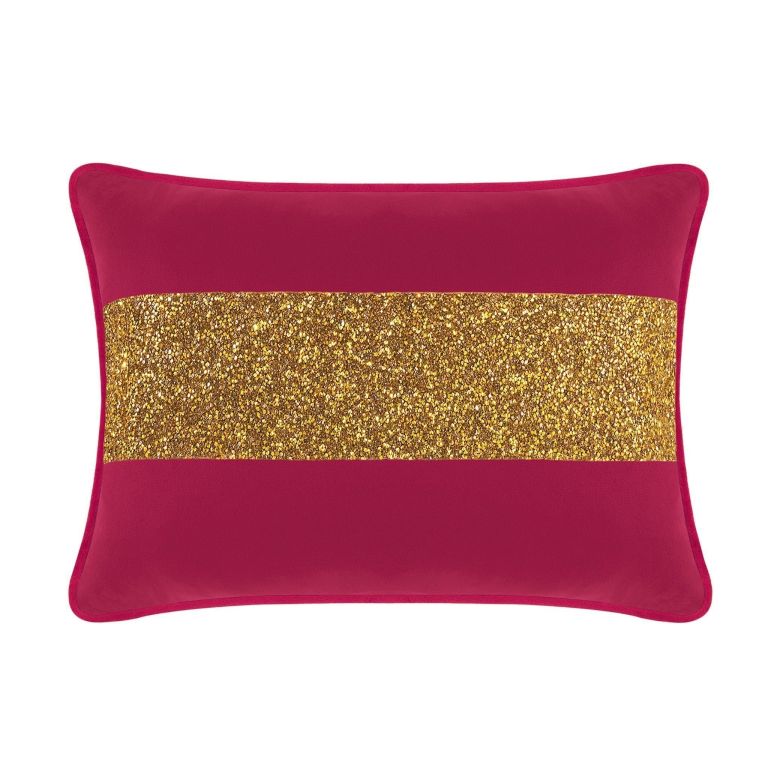 Fuchsia&#x20;velvet&#x20;pillow&#x20;with&#x20;a&#x20;gold&#x20;rhinestone&#x20;stripe&#x20;rectangular&#x20;shape&#x20;smooth&#x20;texture&#x20;and&#x20;piped&#x20;edges.
