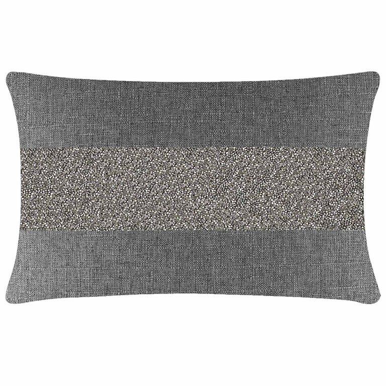 Gray&#x20;woven&#x20;pillow&#x20;with&#x20;a&#x20;central&#x20;rhinestone&#x20;stripe&#x20;featuring&#x20;a&#x20;textured&#x20;surface&#x20;and&#x20;a&#x20;rectangular&#x20;shape&#x20;measuring&#x20;14x20&#x20;inches.