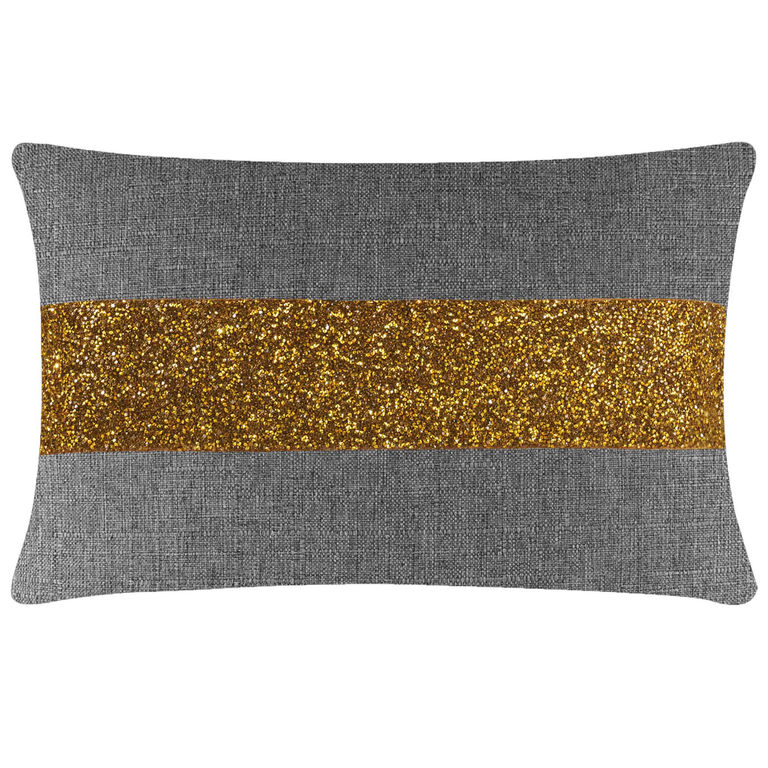 Rectangular&#x20;gray&#x20;woven&#x20;pillow&#x20;with&#x20;a&#x20;glittery&#x20;gold&#x20;rhinestone&#x20;stripe&#x20;across&#x20;the&#x20;center.