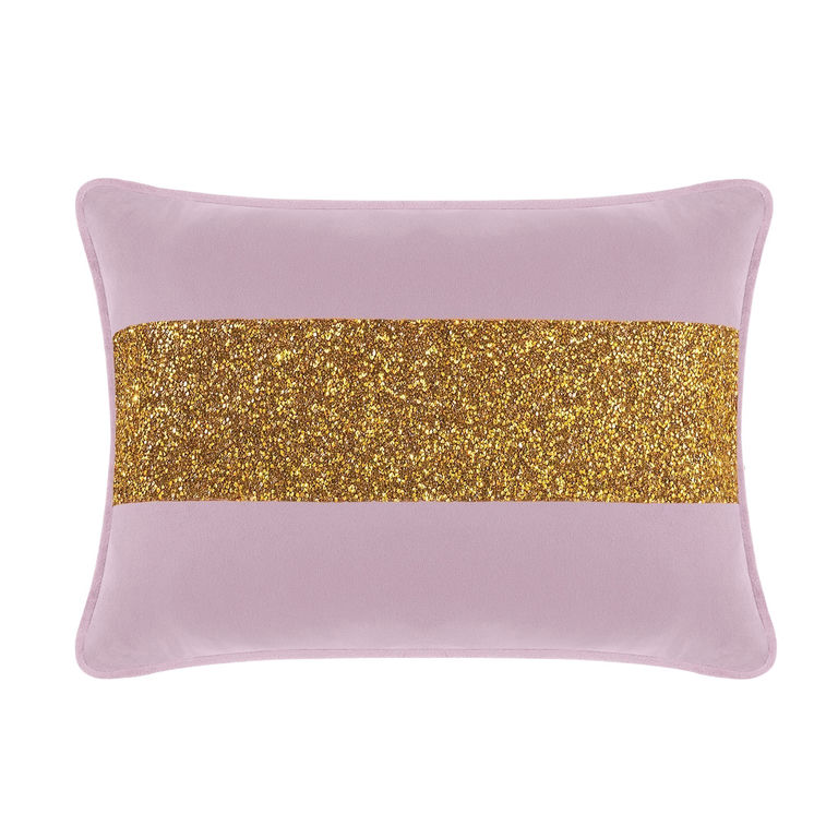 Lavender velvet pillow with a gold glitter stripe rectangular shape and piped edges.