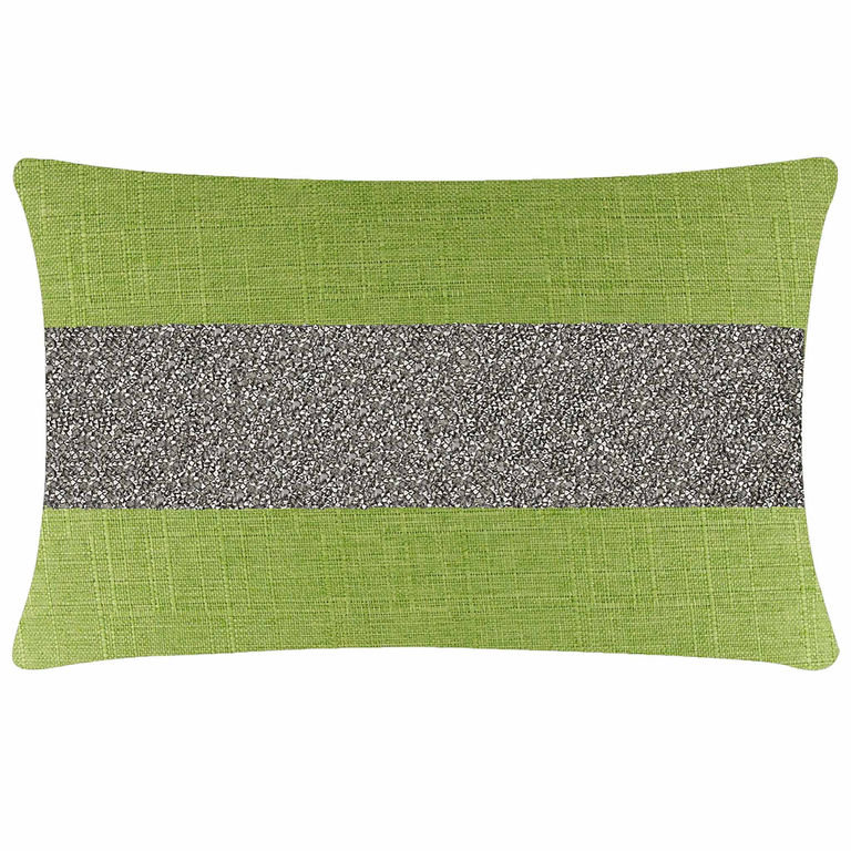 Lime green woven pillow with a charcoal rhinestone stripe rectangular shape textured fabric and rounded corners.