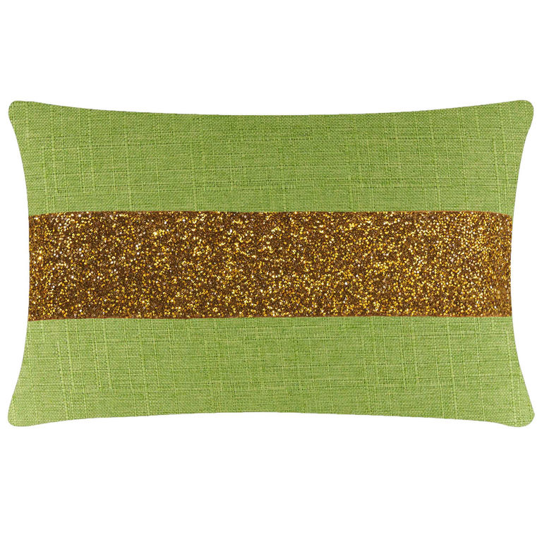 Rectangular lime green pillow with a textured woven surface and a gold glitter stripe across the center.