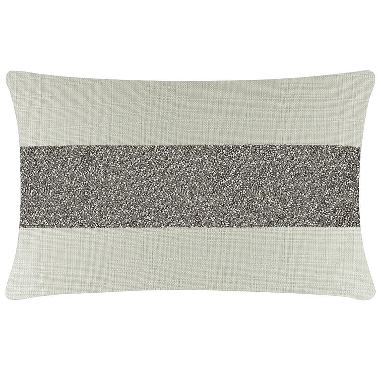 Rectangular&#x20;pillow&#x20;in&#x20;light&#x20;grey&#x20;linen&#x20;with&#x20;a&#x20;wide&#x20;silver&#x20;rhinestone&#x20;stripe&#x20;across&#x20;the&#x20;center&#x20;and&#x20;textured&#x20;surface.