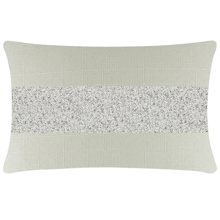 Rectangular pillow in light grey linen with a wide silver rhinestone stripe across the center and textured surface.