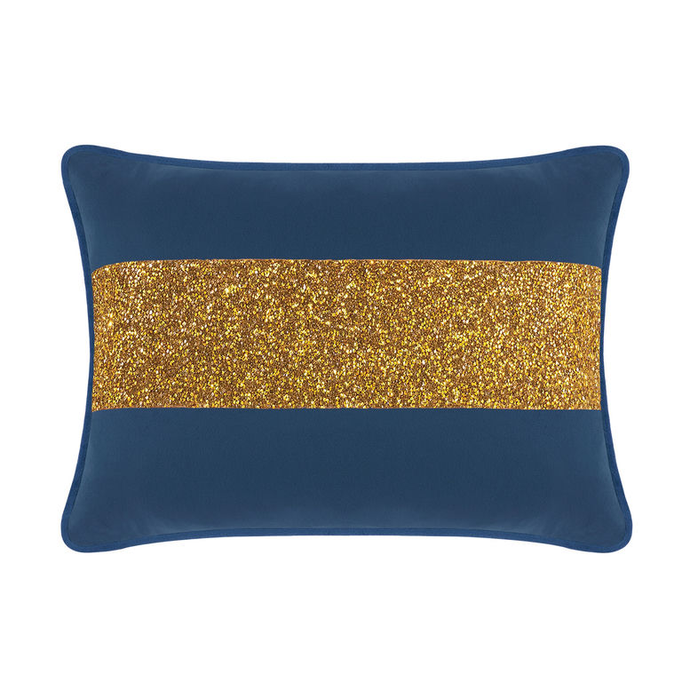 Navy velvet pillow with a gold glitter rhinestone stripe rectangular shape plush texture and smooth edges.