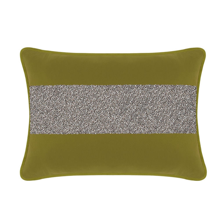 Olive velvet pillow with a horizontal rhinestone stripe rectangular shape and rounded edges measuring 14x20 inches.