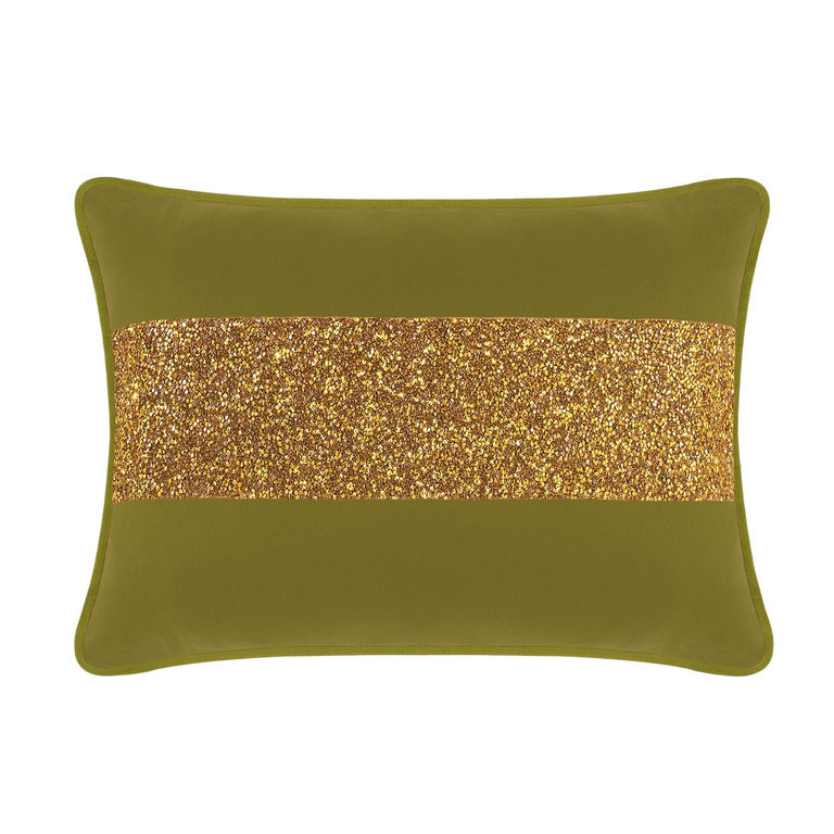 Olive green velvet pillow with a gold rhinestone stripe rectangular shape and soft texture.