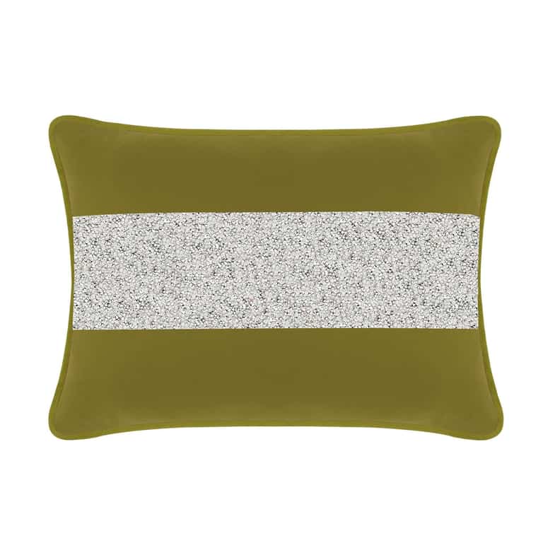 Olive velvet pillow with a silver rhinestone stripe rectangular shape soft texture and piped edges.
