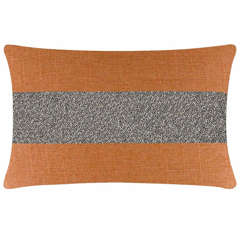 Rectangular pillow with an orange woven fabric and a charcoal rhinestone stripe across the center.
