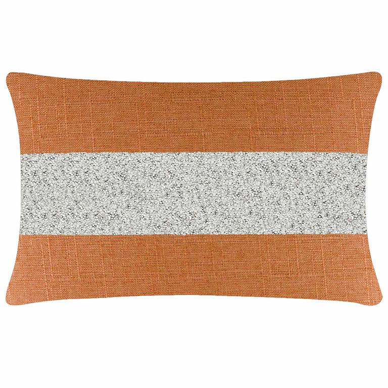 Orange&#x20;woven&#x20;pillow&#x20;with&#x20;a&#x20;silver&#x20;rhinestone&#x20;stripe&#x20;featuring&#x20;a&#x20;textured&#x20;surface&#x20;and&#x20;a&#x20;rectangular&#x20;shape.