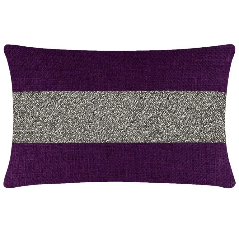 Purple woven pillow with a silver rhinestone stripe featuring a rectangular shape and a textured surface.
