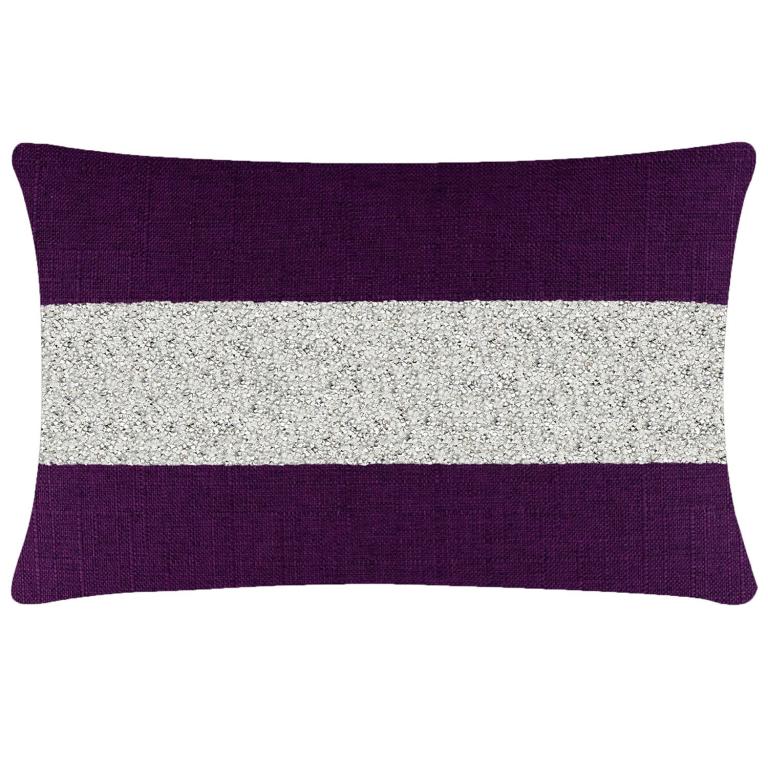 Rectangular&#x20;pillow&#x20;with&#x20;a&#x20;deep&#x20;purple&#x20;woven&#x20;fabric&#x20;and&#x20;a&#x20;wide&#x20;silver&#x20;rhinestone&#x20;stripe&#x20;across&#x20;the&#x20;center.