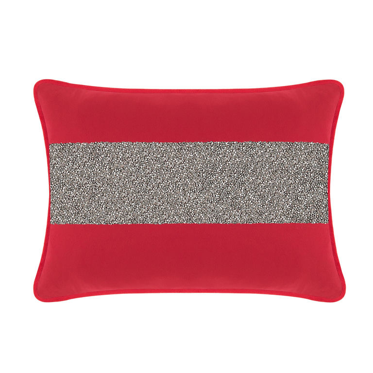 Red velvet pillow with a silver rhinestone stripe rectangular shape and a smooth texture.