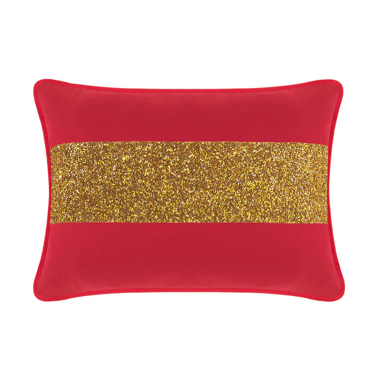Red velvet pillow with a gold glitter stripe rectangular shape plush texture and contrasting dark red trim.