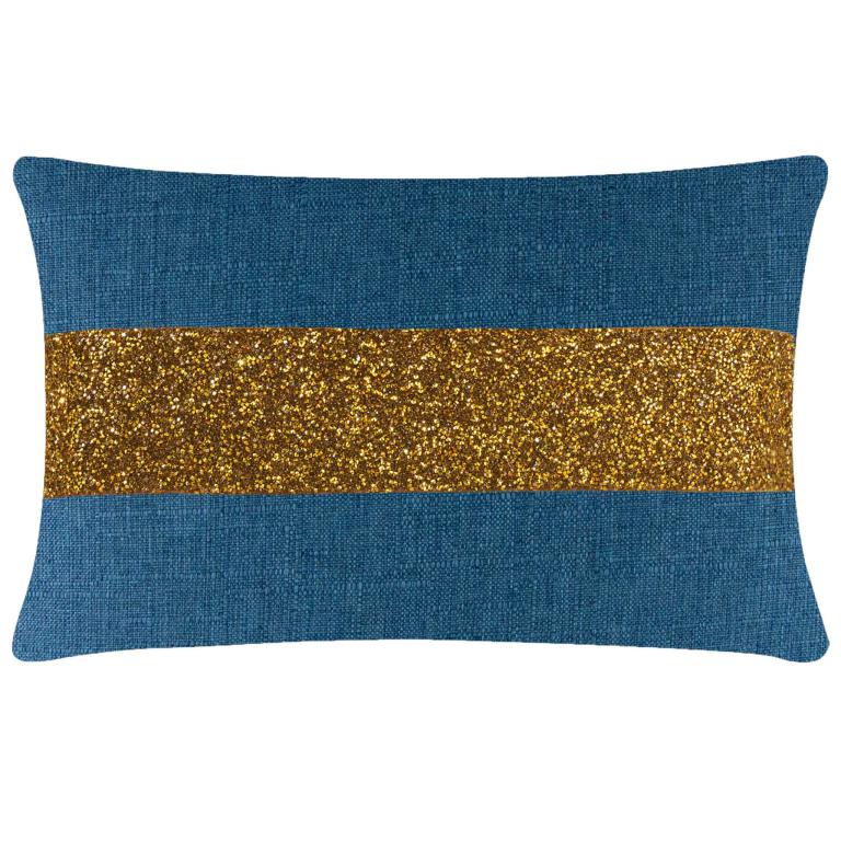Rectangular pillow with a textured aqua fabric and a glittery gold stripe across the center.
