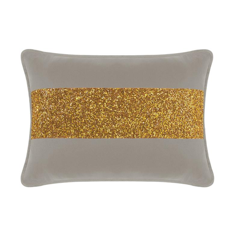 Silver velvet pillow with a gold glitter stripe rectangular shape plush texture and contrasting edges.`