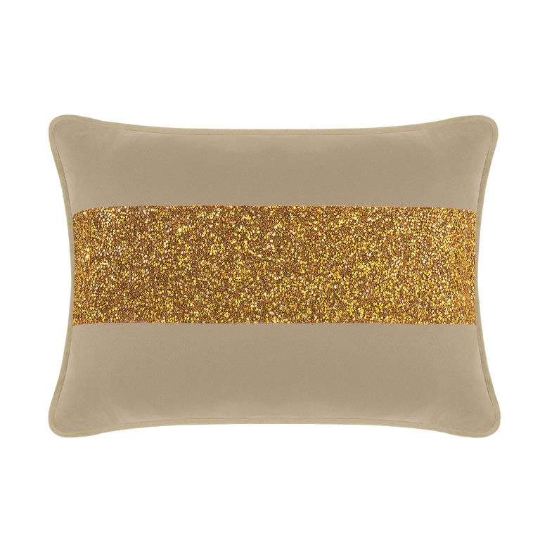 Taupe velvet pillow with a gold rhinestone stripe rectangular shape and smooth texture measuring 14x20 inches.