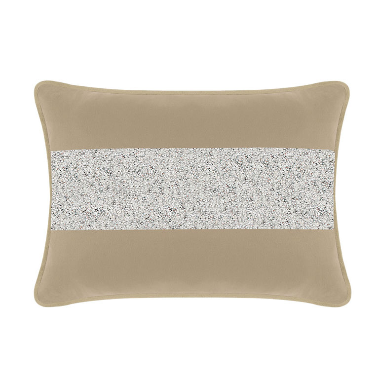 Taupe velvet pillow with a silver rhinestone stripe rectangular shape soft texture and piped edges.
