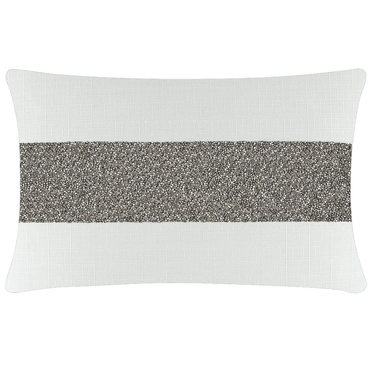 Rectangular&#x20;pillow&#x20;with&#x20;a&#x20;textured&#x20;white&#x20;fabric&#x20;and&#x20;a&#x20;wide&#x20;charcoal&#x20;rhinestone&#x20;stripe&#x20;in&#x20;the&#x20;center.