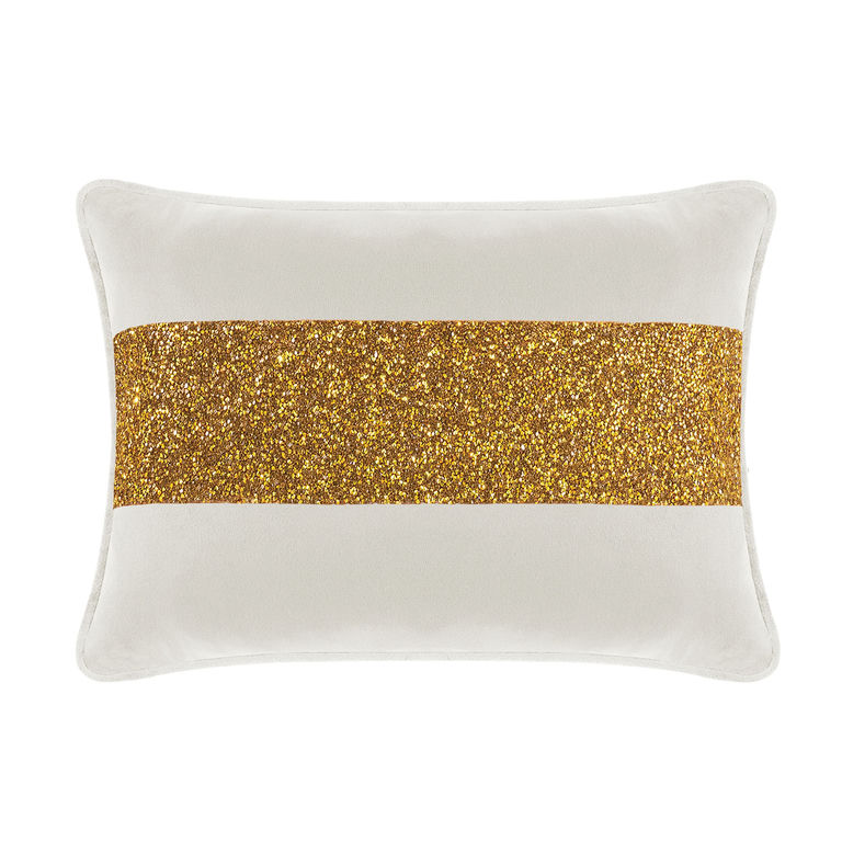 White&#x20;velvet&#x20;pillow&#x20;with&#x20;a&#x20;gold&#x20;glitter&#x20;stripe&#x20;rectangular&#x20;shape&#x20;plush&#x20;texture&#x20;and&#x20;contrasting&#x20;smooth&#x20;edges.