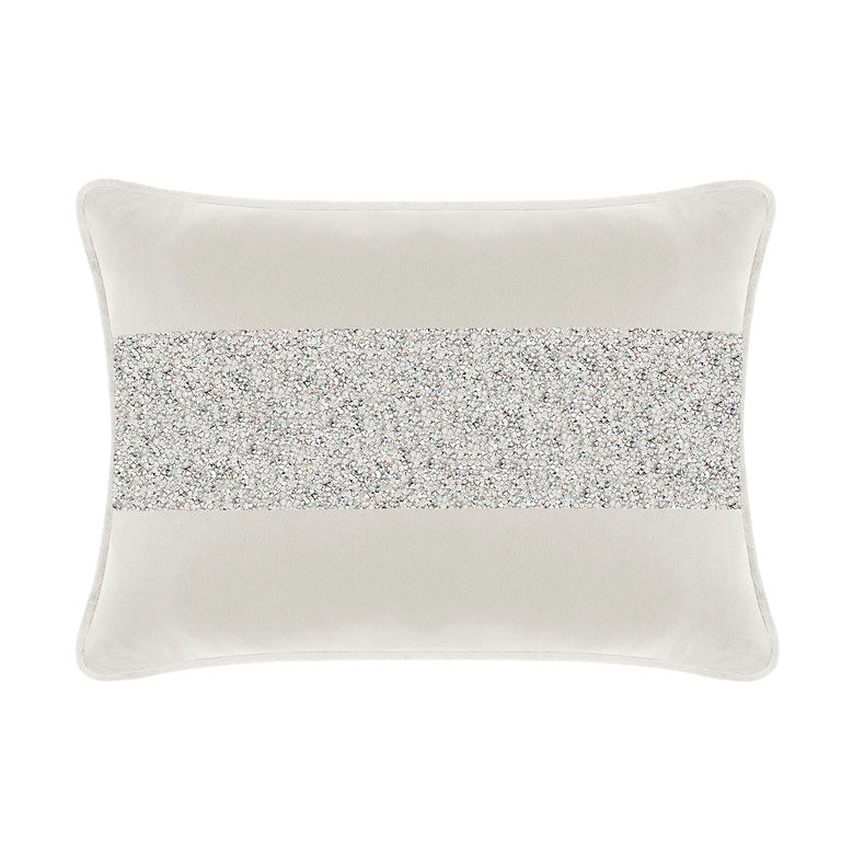 White&#x20;velvet&#x20;pillow&#x20;with&#x20;a&#x20;silver&#x20;rhinestone&#x20;stripe&#x20;rectangular&#x20;shape&#x20;soft&#x20;texture&#x20;and&#x20;piped&#x20;edges.