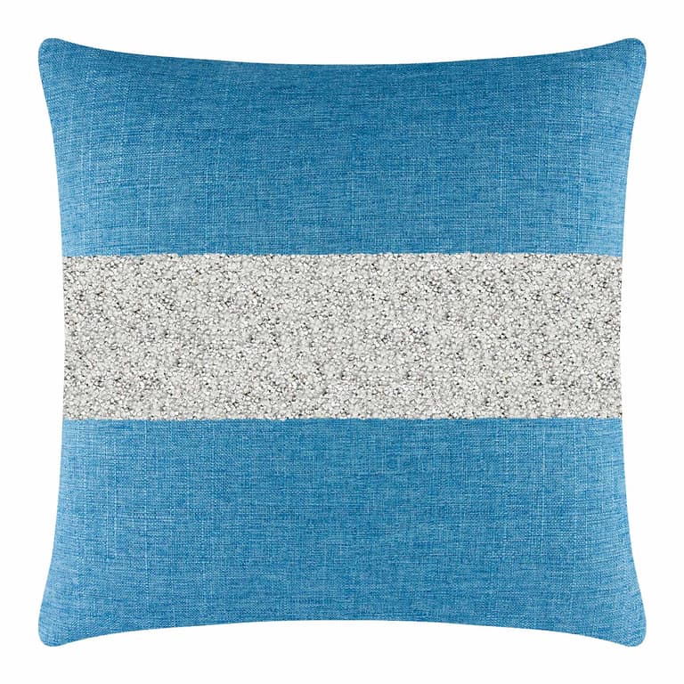 Aqua pillow with a silver rhinestone stripe on woven fabric square shape textured surface 16x16 inches.