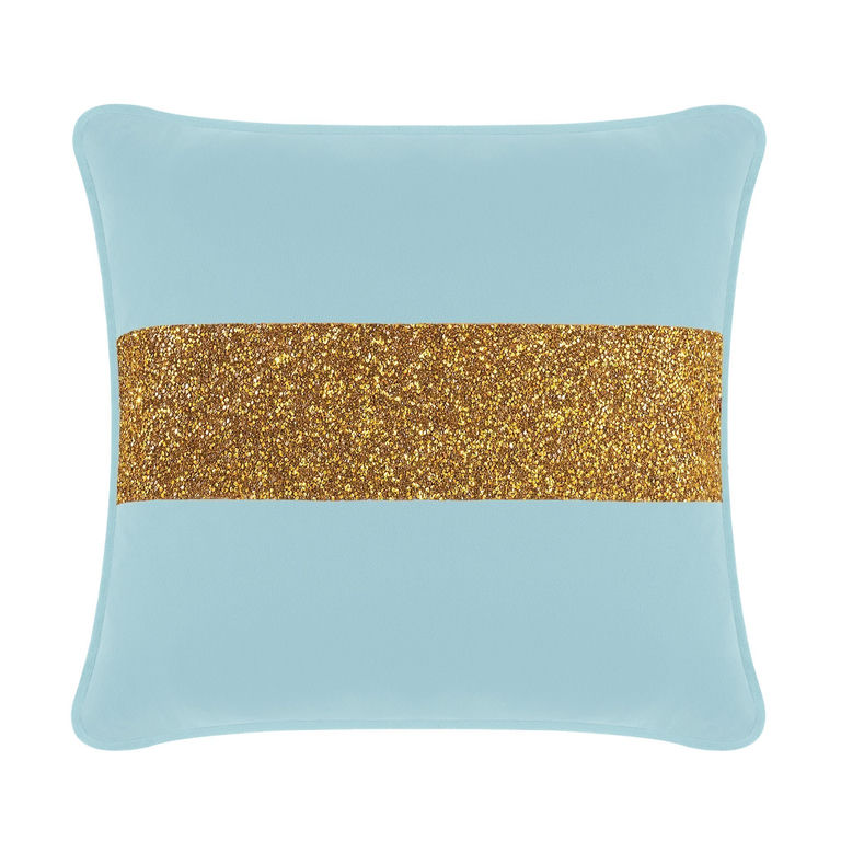 Aqua velvet pillow with a gold rhinestone stripe square shape soft texture and rounded edges.