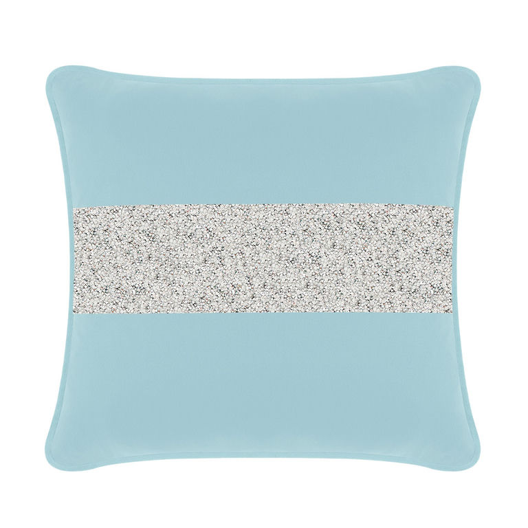 Aqua velvet pillow with a silver rhinestone stripe square shape smooth texture and piped edges.