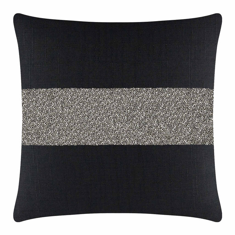 Black&#x20;woven&#x20;pillow&#x20;with&#x20;a&#x20;textured&#x20;charcoal&#x20;rhinestone&#x20;stripe&#x20;across&#x20;the&#x20;center&#x20;featuring&#x20;rounded&#x20;corners&#x20;and&#x20;a&#x20;plush&#x20;appearance.