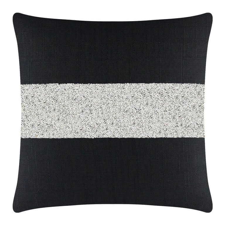 Black woven pillow with a wide silver rhinestone stripe across the center featuring a smooth texture and a square shape.