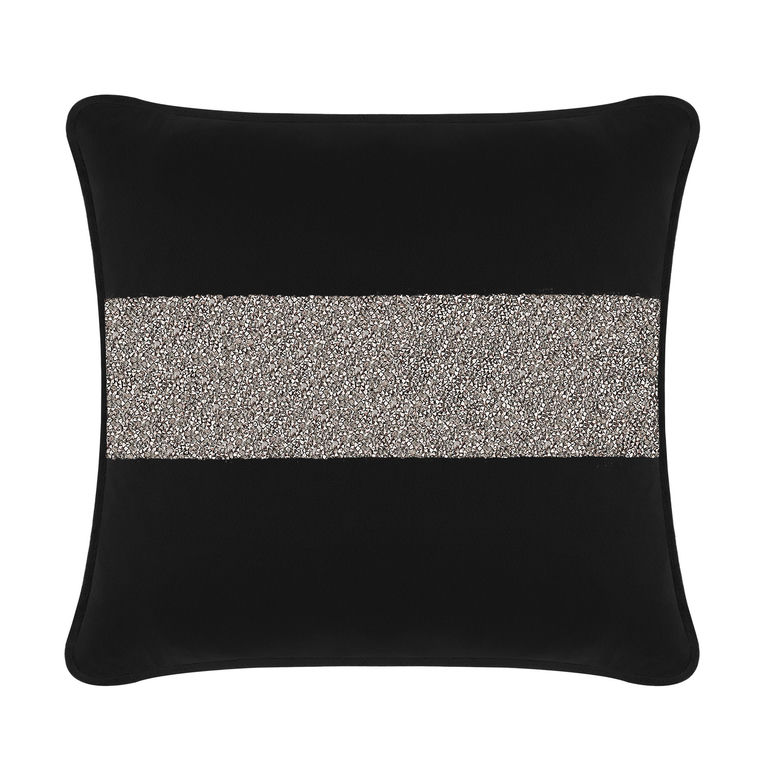 Black velvet pillow with a wide rhinestone stripe across the center featuring a square shape and soft texture.