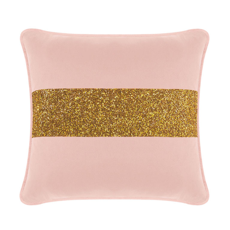 Blush velvet pillow with a gold glitter stripe square shape plush texture and piped edges.