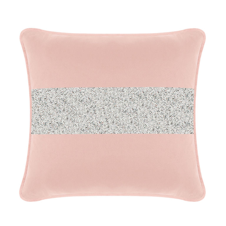 Blush velvet pillow with a silver rhinestone stripe square shape soft texture and piped edges.