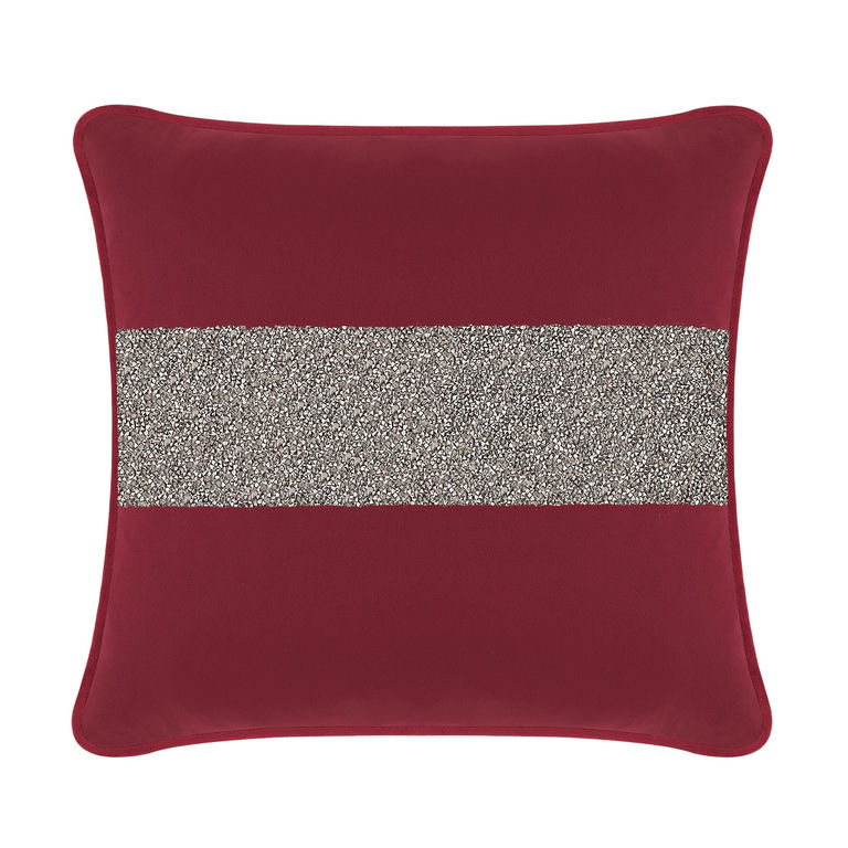 Burgundy&#x20;velvet&#x20;pillow&#x20;with&#x20;a&#x20;silver&#x20;rhinestone&#x20;stripe&#x20;square&#x20;shape&#x20;soft&#x20;texture&#x20;and&#x20;piped&#x20;edges.