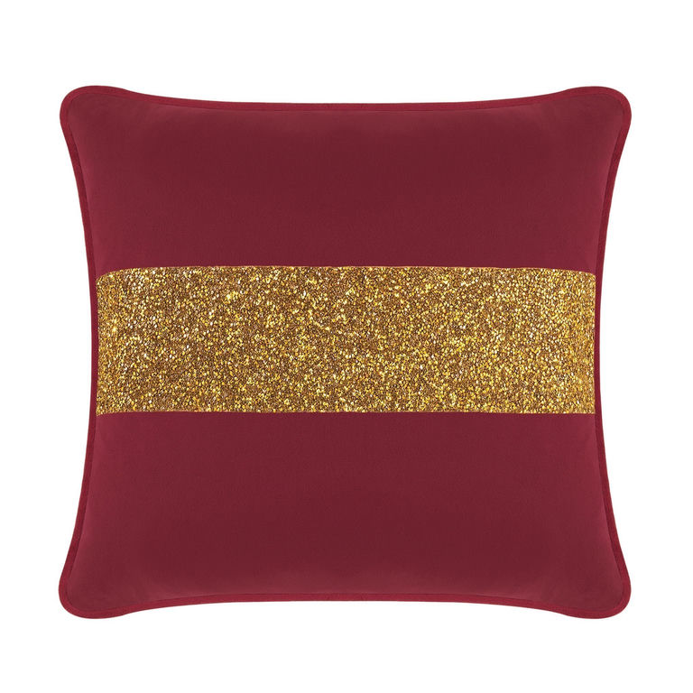 Burgundy velvet pillow with a gold glitter stripe square shape soft texture and piped edges.