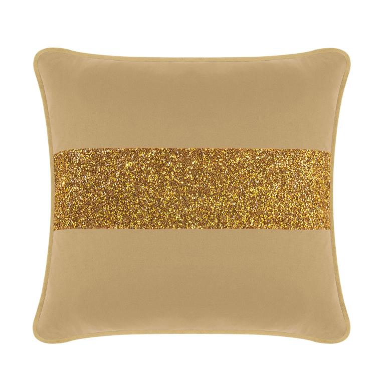 Champagne&#x20;velvet&#x20;pillow&#x20;with&#x20;a&#x20;gold&#x20;rhinestone&#x20;stripe&#x20;square&#x20;shape&#x20;plush&#x20;texture&#x20;and&#x20;piped&#x20;edges.