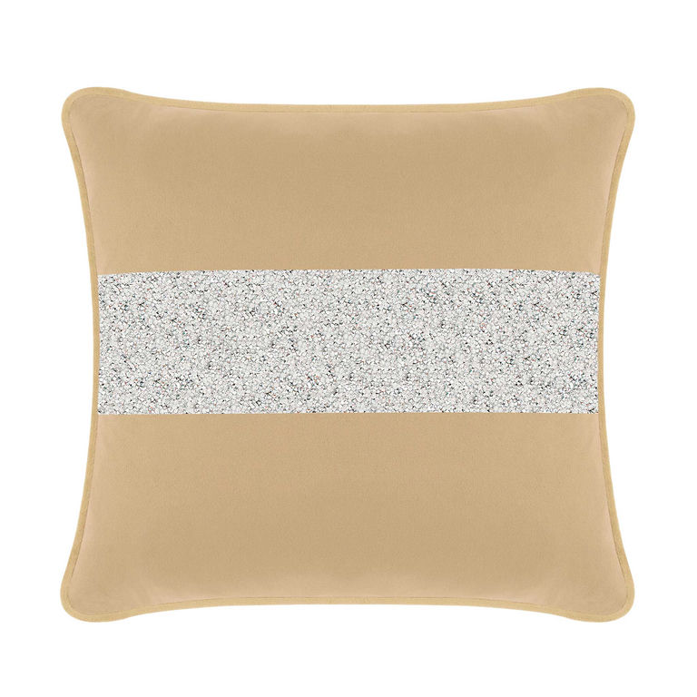 Champagne velvet pillow with a silver rhinestone stripe square shape soft texture and contrasting edges.
